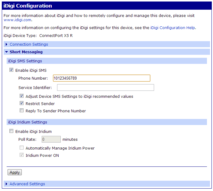 iDigi SMS Settings